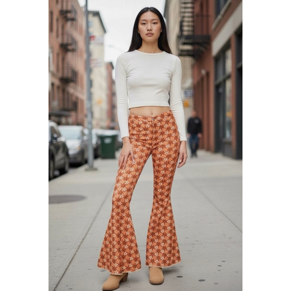 Peach Love Orange Retro Floral Flares | High Waist Denim Pants - Picture 8 of 10